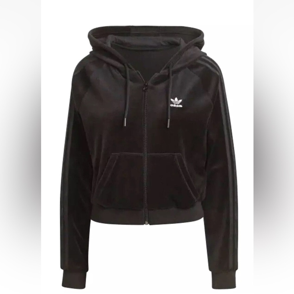 Adidas Womens size L Black 3-Stripes Velour Loungewear Cropped Full Zip Hoodie - Picture 5 of 7